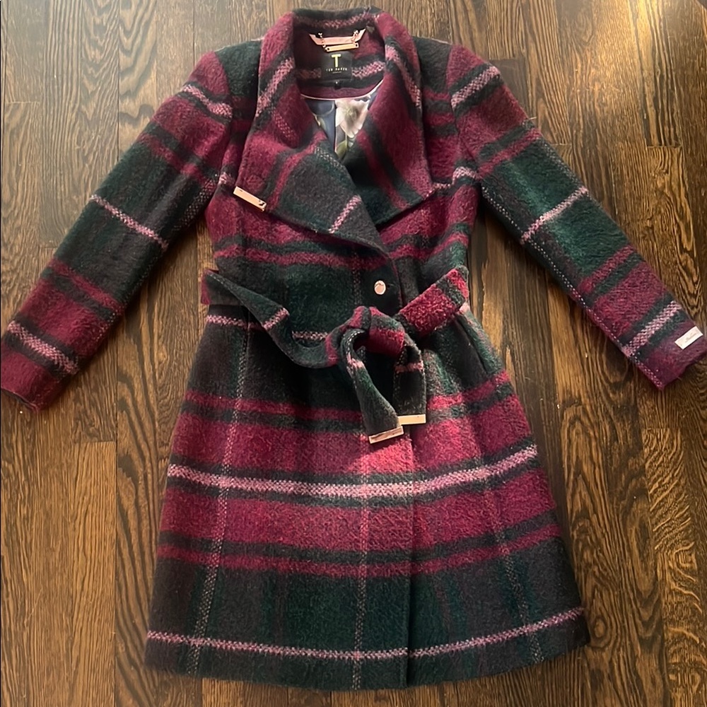 Ted Baker Green and Red Trench Coat with Belted Wrap Design and Rose Gold accent